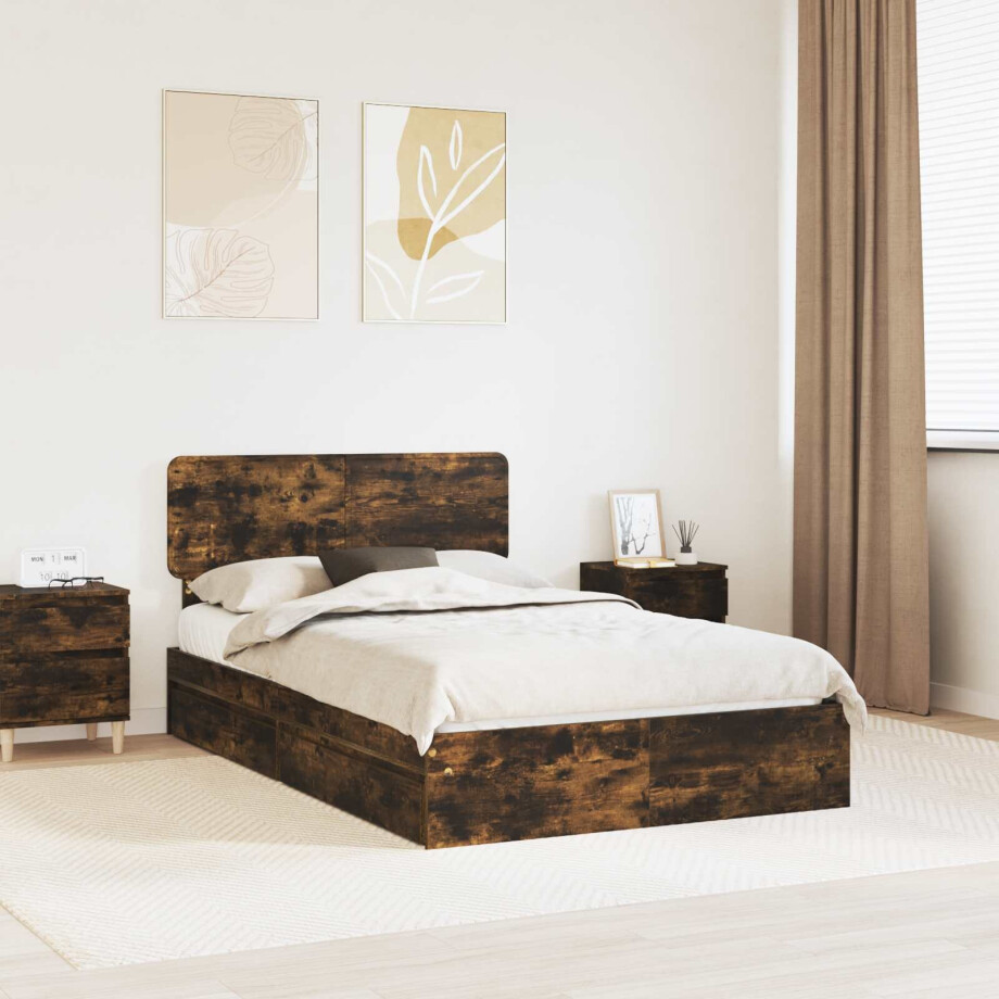 vidaXL Opslag bed met lade Gerookt eiken 120 x 190 cm Bewerkt hout afbeelding 1
