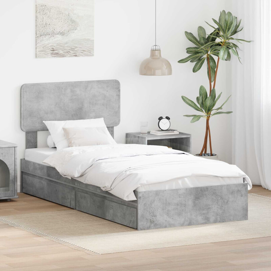 vidaXL Opslag bed met hoofdeinde Beton Grijs 90 x 200 cm Bewerkt hout afbeelding 1