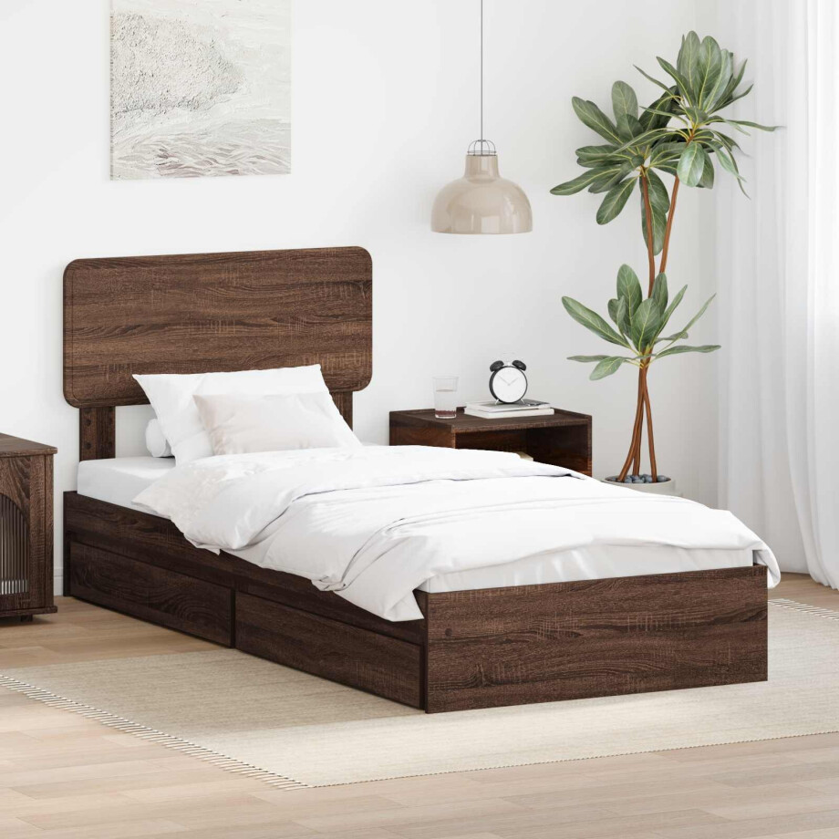 vidaXL Opslag bed met hoofdeinde Bruin Eiken 90 x 190 cm Bewerkt hout afbeelding 1