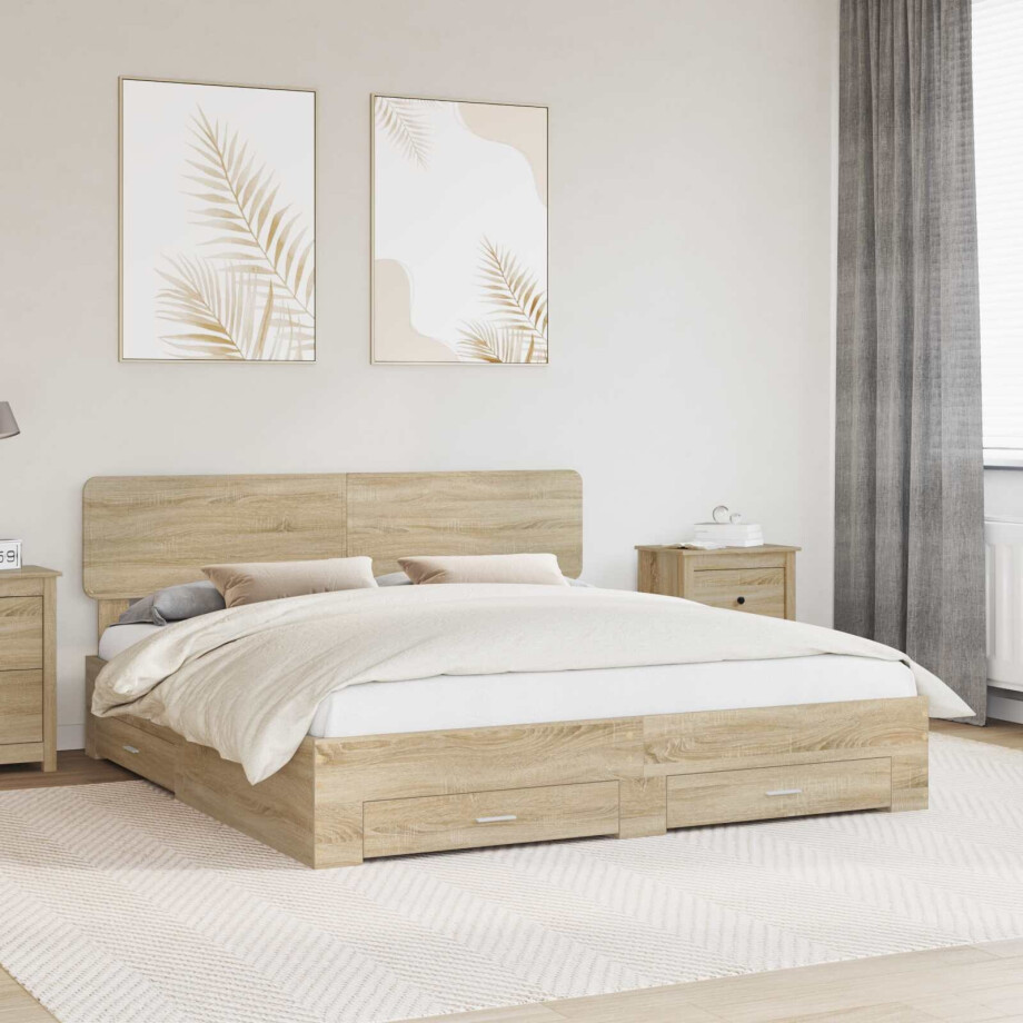 vidaXL Bedframe met hoofdeinde Sonoma Eiken 200 x 200 cm Bewerkt hout afbeelding 1