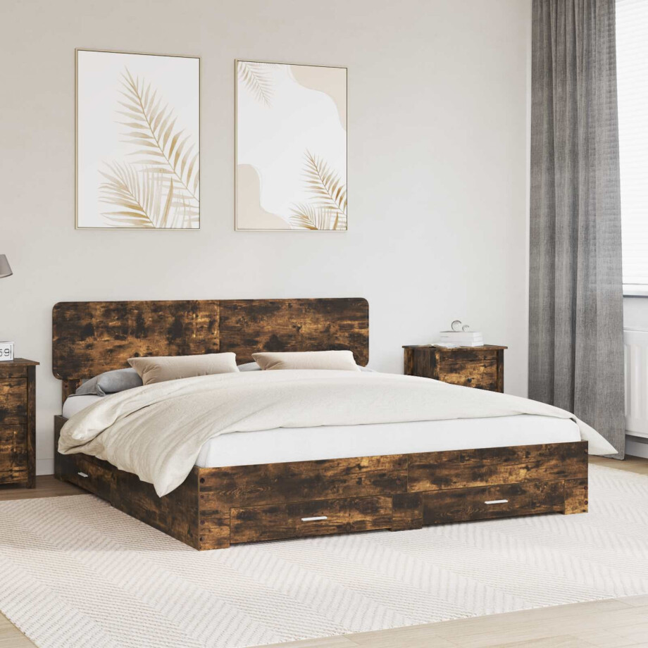 vidaXL Bedframe met hoofdeinde Gerookt eiken 200 x 200 cm Bewerkt hout vidaXL Bedframe met hoofdeinde Gerookt eiken 200 x 200 cm Bewerkt hout afbeelding 1