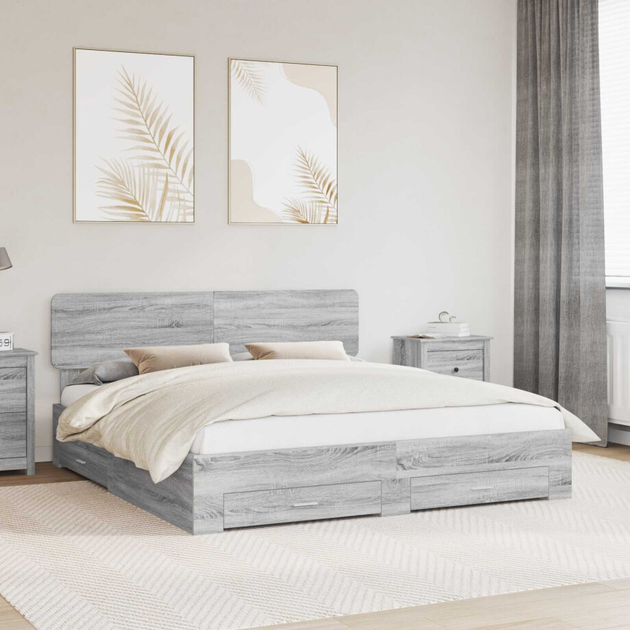 vidaXL Bedframe met hoofdeinde Grijs Sonoma 200 x 200 cm Bewerkt hout afbeelding 1