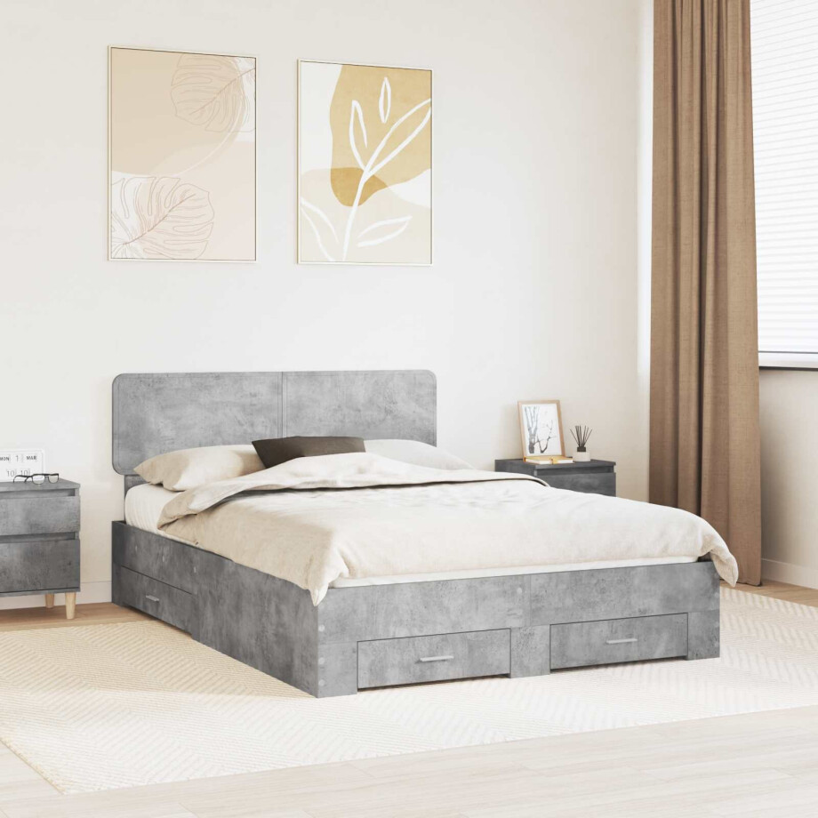 vidaXL Bedframe met hoofdeinde Beton Grijs 150 x 200 cm Bewerkt hout afbeelding 1