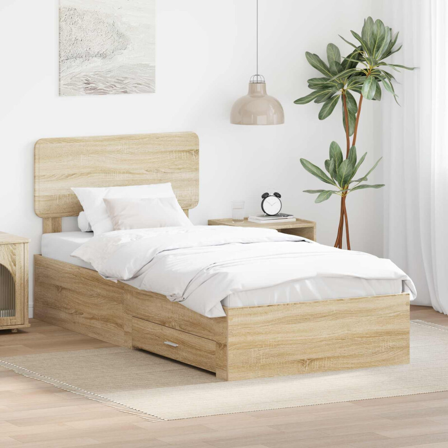 vidaXL Bedframe met hoofdeinde Sonoma Eiken 100 x 200 cm Bewerkt hout afbeelding 1