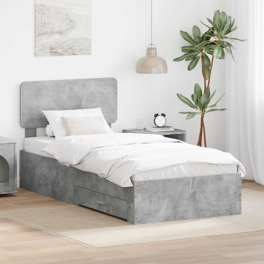 vidaXL Bedframe met hoofdeinde Beton Grijs 100 x 200 cm Bewerkt hout afbeelding 1