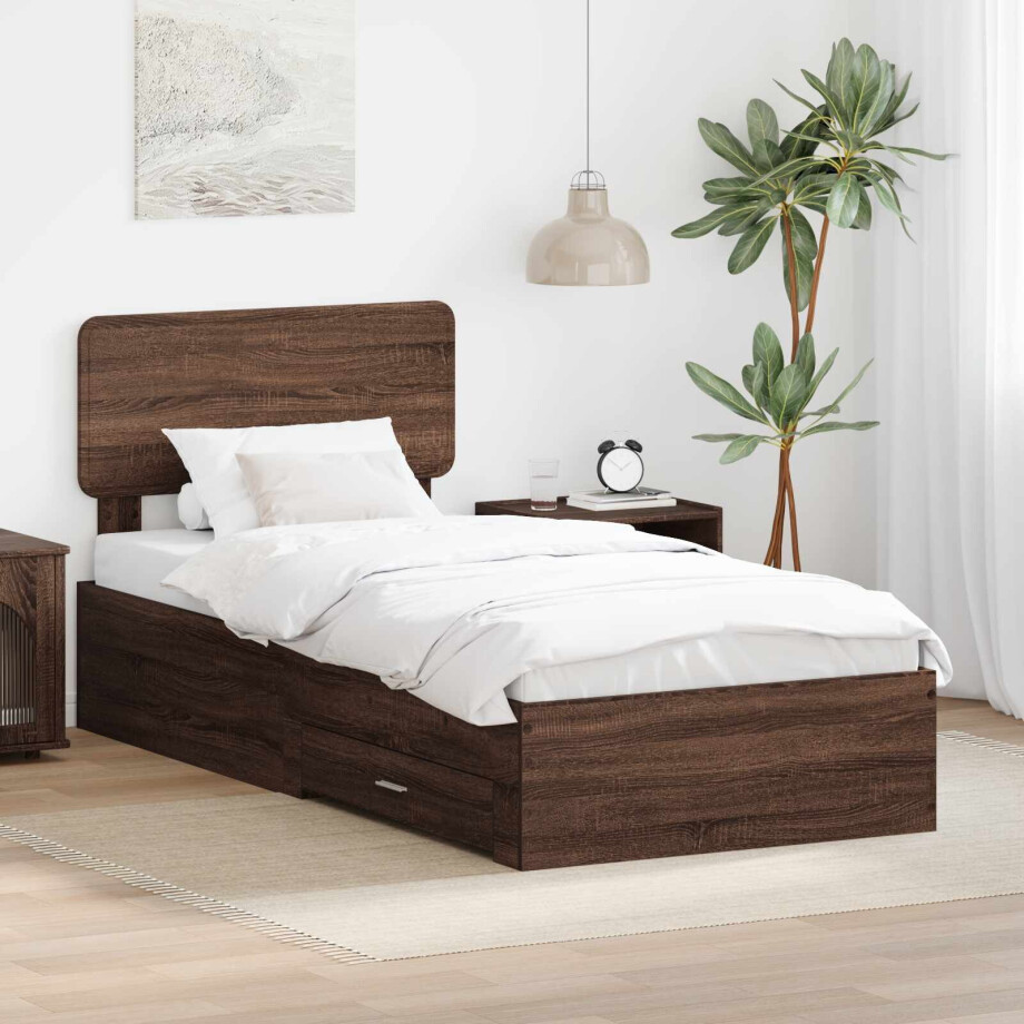 vidaXL Bedframe met hoofdeinde Bruin Eiken 100 x 200 cm Bewerkt hout afbeelding 1