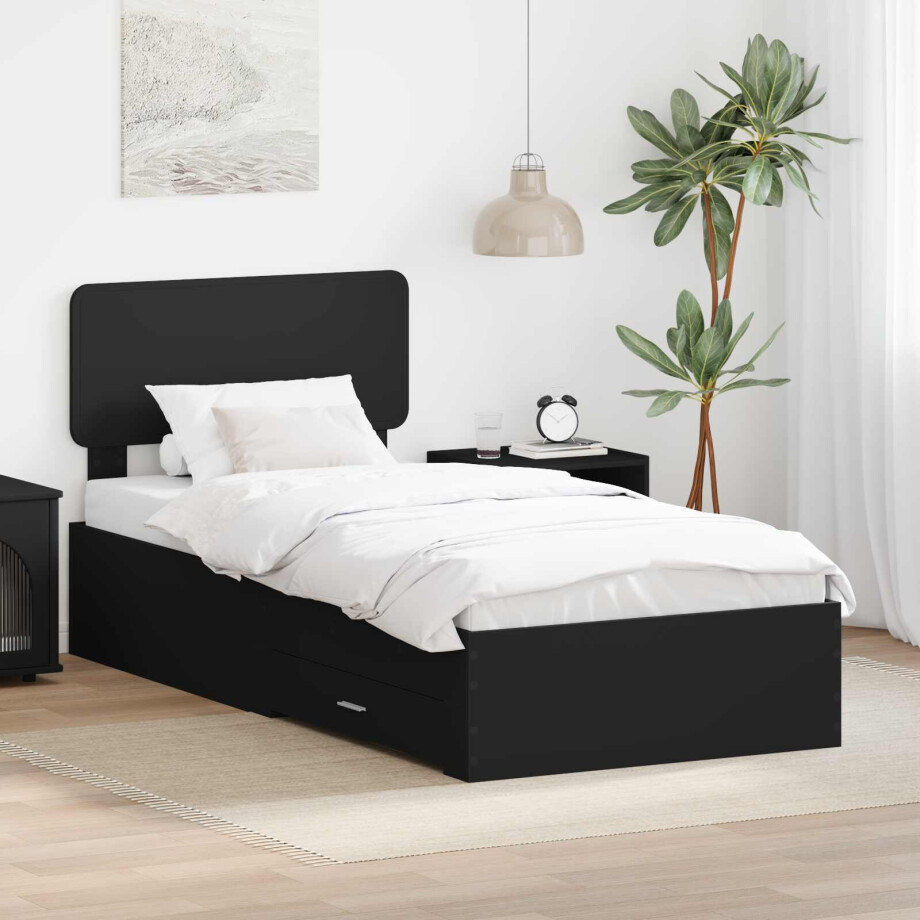 vidaXL Bedframe met hoofdeinde met lade Zwart 75 x 190 cm Bewerkt hout afbeelding 1