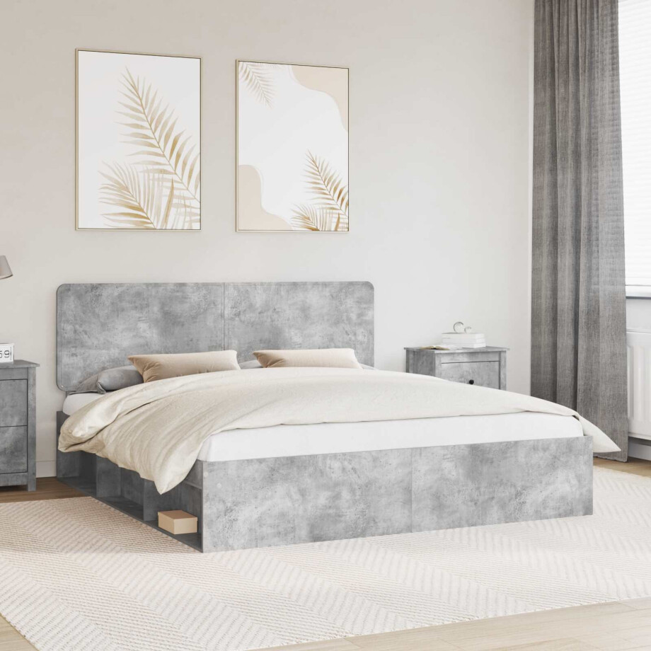 vidaXL Bedframe met hoofdeinde Beton 200 x 200 cm Massief grenenhout afbeelding 1