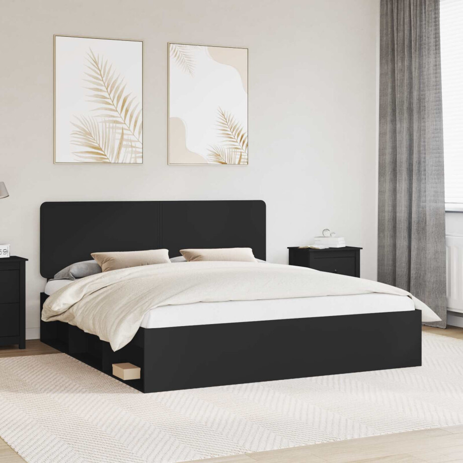 vidaXL Bedframe met hoofdeinde Zwart 180 x 200 cm Massief grenenhout afbeelding 1