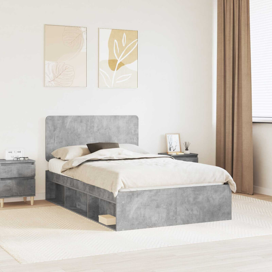 vidaXL Bedframe met hoofdeinde Beton 120 x 200 cm Massief grenenhout afbeelding 1