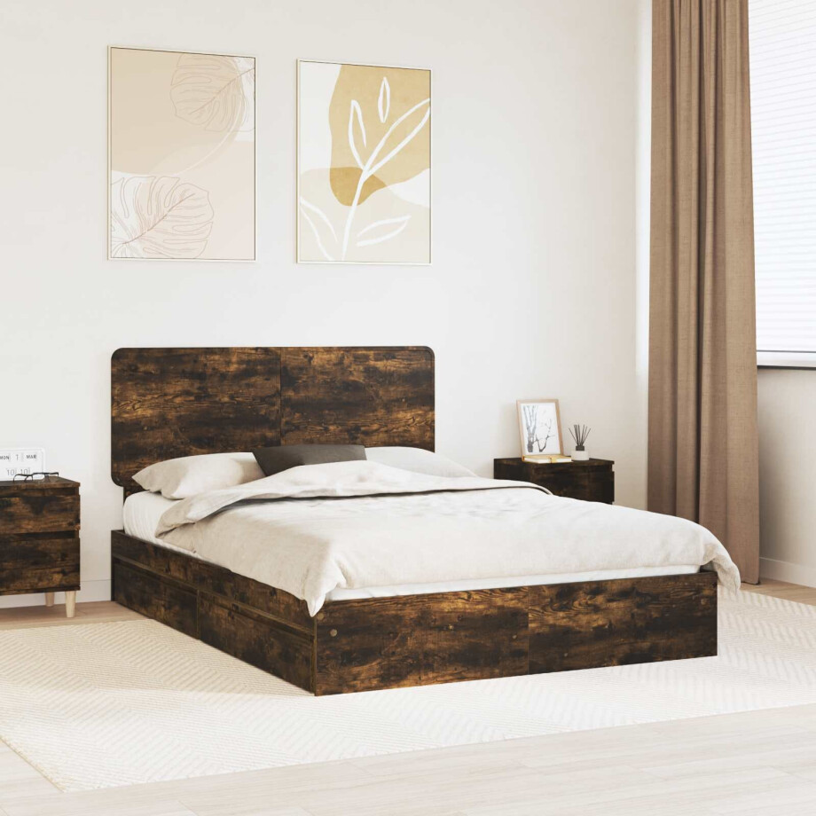 vidaXL Opslag bed met lade Gerookt eiken 160 x 200 cm Bewerkt hout afbeelding 1