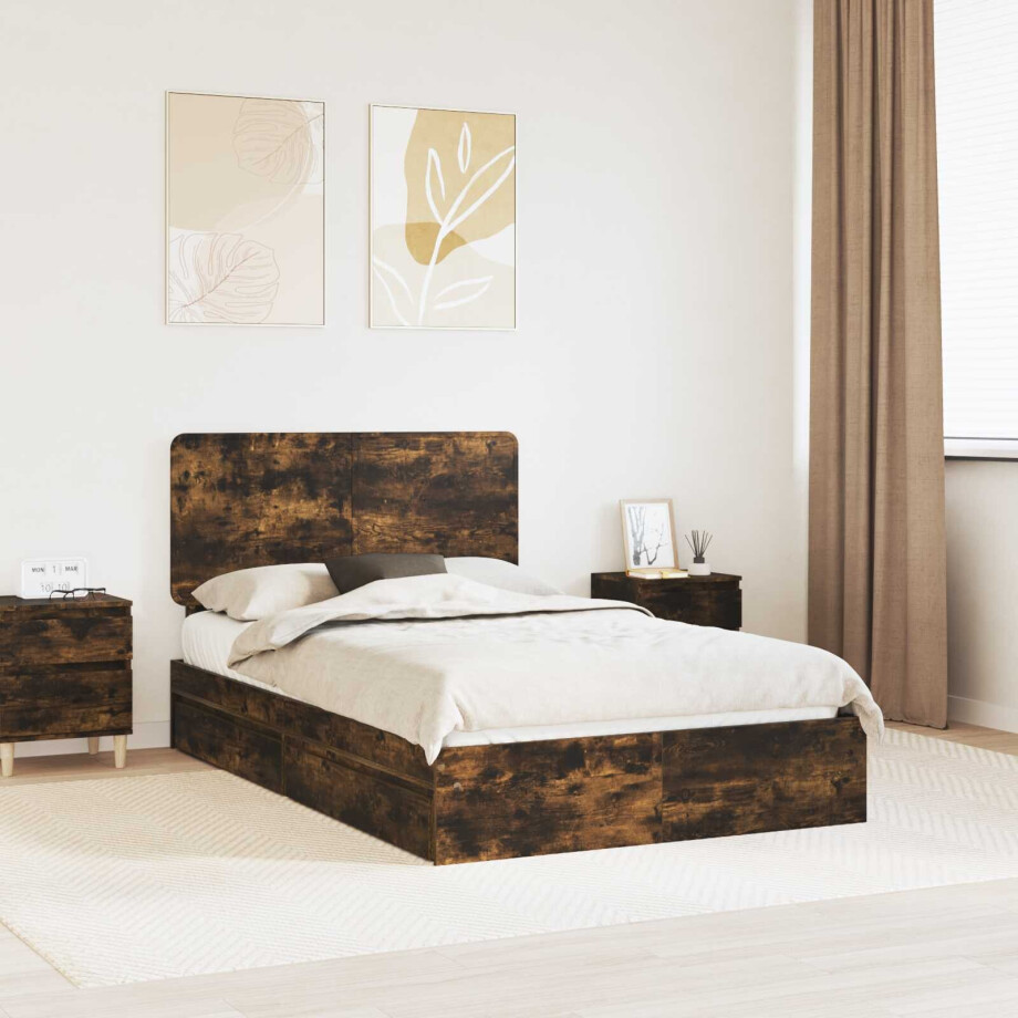 vidaXL Opslag bed met lade Gerookt eiken 120 x 190 cm Bewerkt hout afbeelding 1