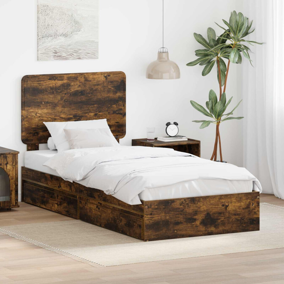 vidaXL Opslag bed met lade Gerookt eiken 100 x 200 cm Bewerkt hout afbeelding 1