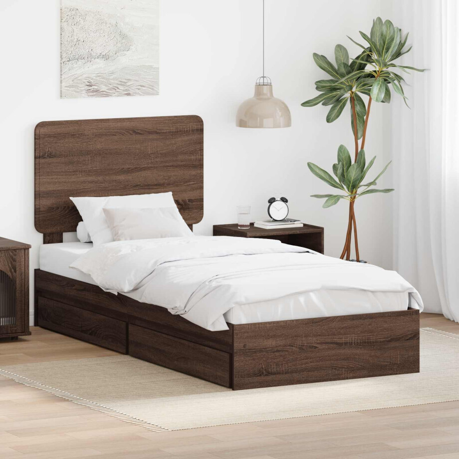 vidaXL Opslag bed met hoofdeinde Bruin Eiken 100 x 200 cm Bewerkt hout afbeelding 1