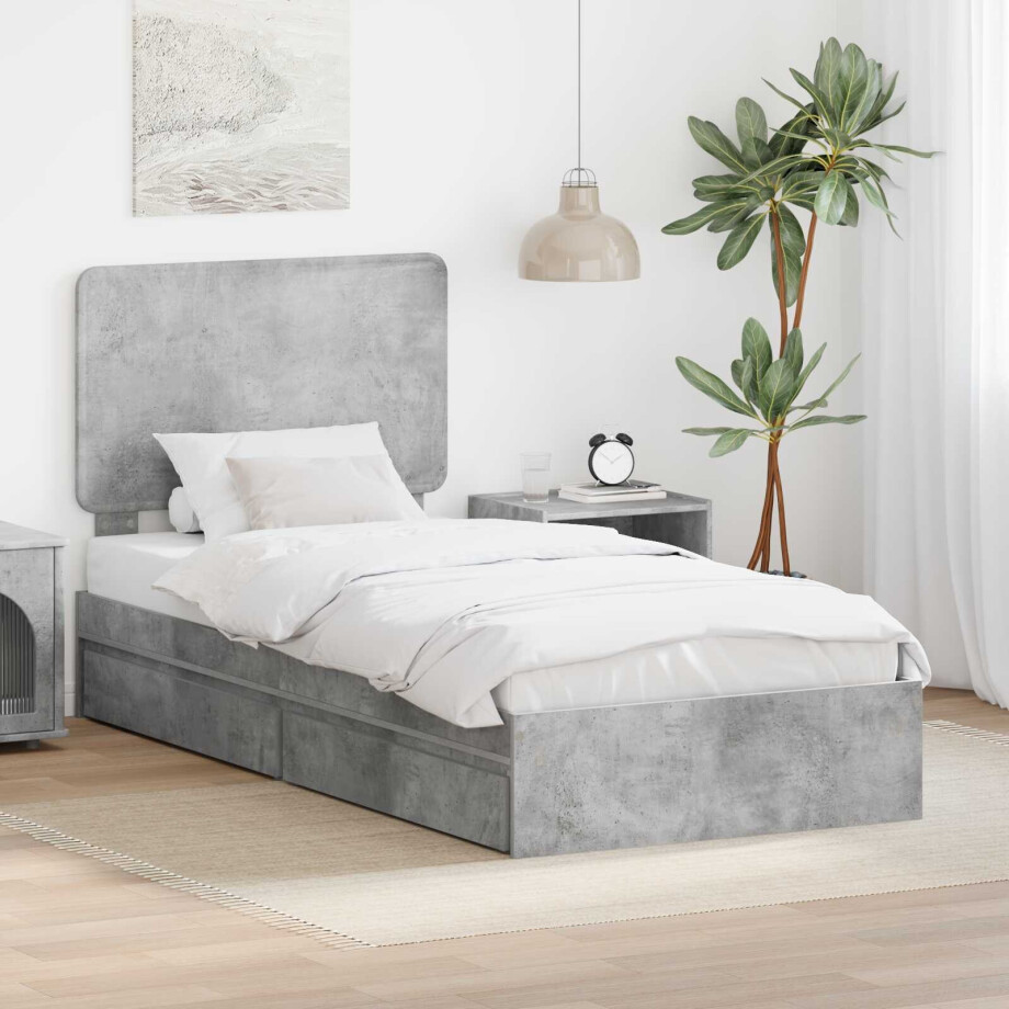 vidaXL Opslag bed met hoofdeinde Beton Grijs 90 x 200 cm Bewerkt hout afbeelding 1
