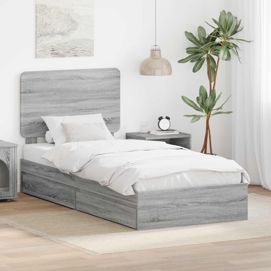 vidaXL Opslag bed met hoofdeinde Grijs Sonoma 90 x 200 cm Bewerkt hout afbeelding 1