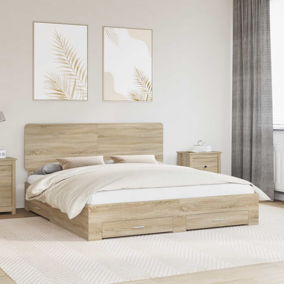 vidaXL Bedframe met hoofdeinde Sonoma Eiken 200 x 200 cm Bewerkt hout afbeelding 1