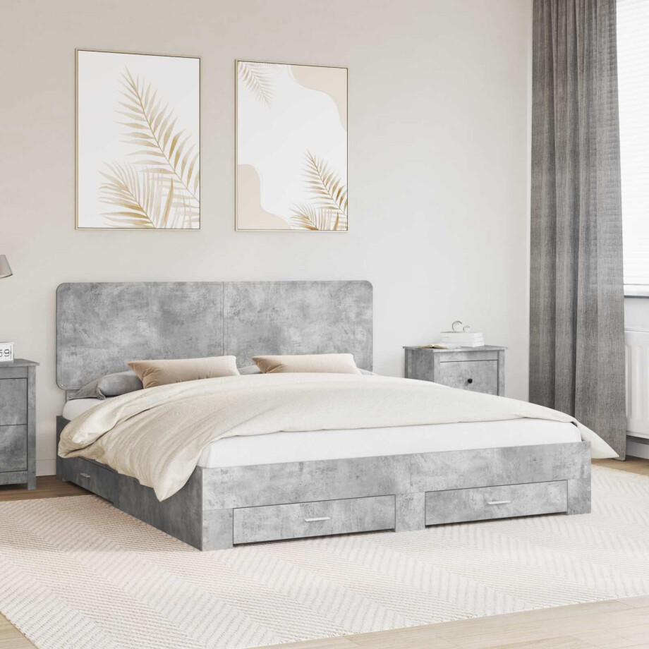 vidaXL Bedframe met hoofdeinde Beton Grijs 200 x 200 cm Bewerkt hout afbeelding 1