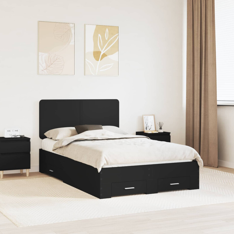 vidaXL Bedframe met hoofdeinde Zwart 135 x 190 cm Bewerkt hout afbeelding 1