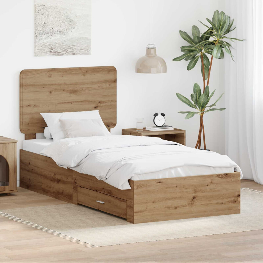 vidaXL Bedframe met hoofdeinde Artisan Eiken 90 x 190 cm Bewerkt hout afbeelding 1