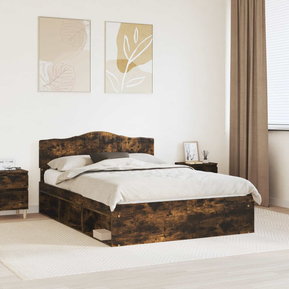 vidaXL Bedframe Gerookt eiken 150 x 200 cm Massief grenenhout afbeelding 1