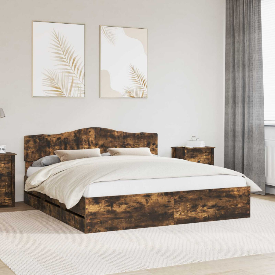 vidaXL Bedframe met lade Gerookt eiken 200 x 200 cm Ingenieurshout afbeelding 1