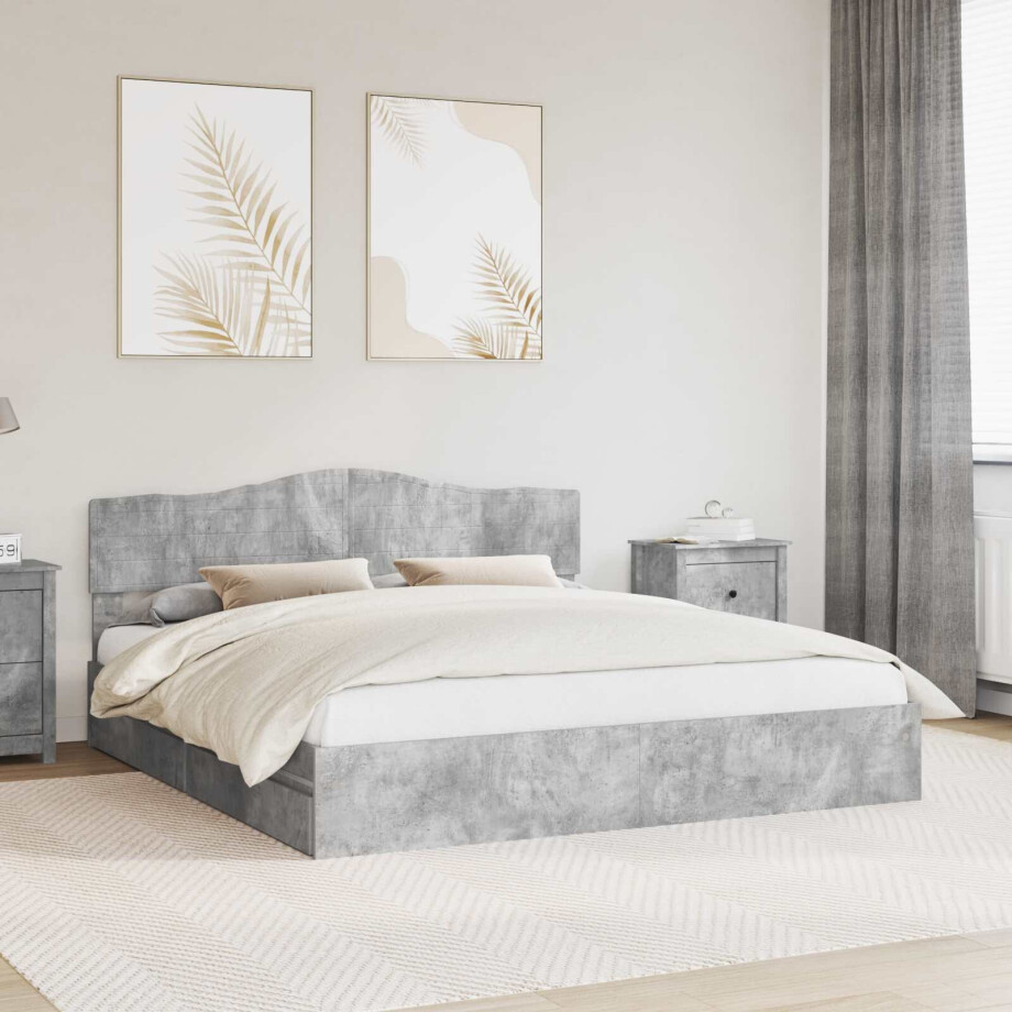 vidaXL Opslag bed met hoofdeinde Beton Grijs 200 x 200 cm Bewerkt hout afbeelding 1