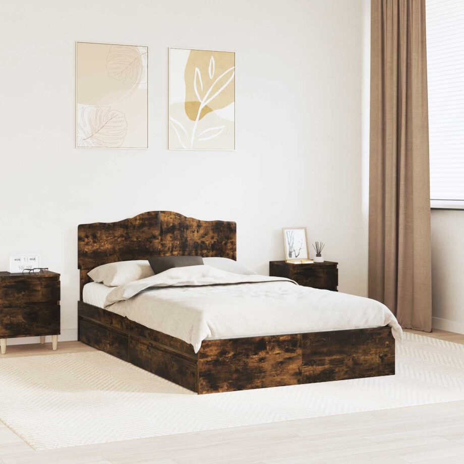 vidaXL Opslag bed met lade Gerookt eiken 120 x 190 cm Bewerkt hout afbeelding 1