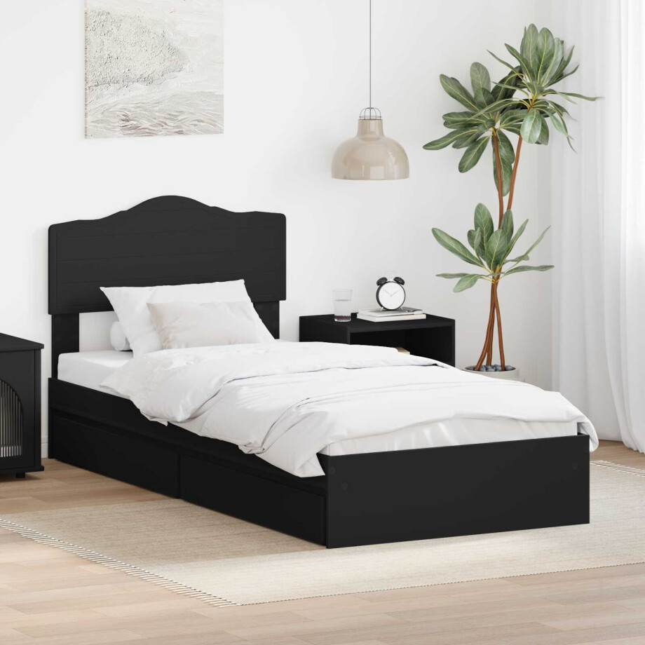 vidaXL Opslag bed met hoofdeinde Zwart 100 x 200 cm Bewerkt hout afbeelding 1