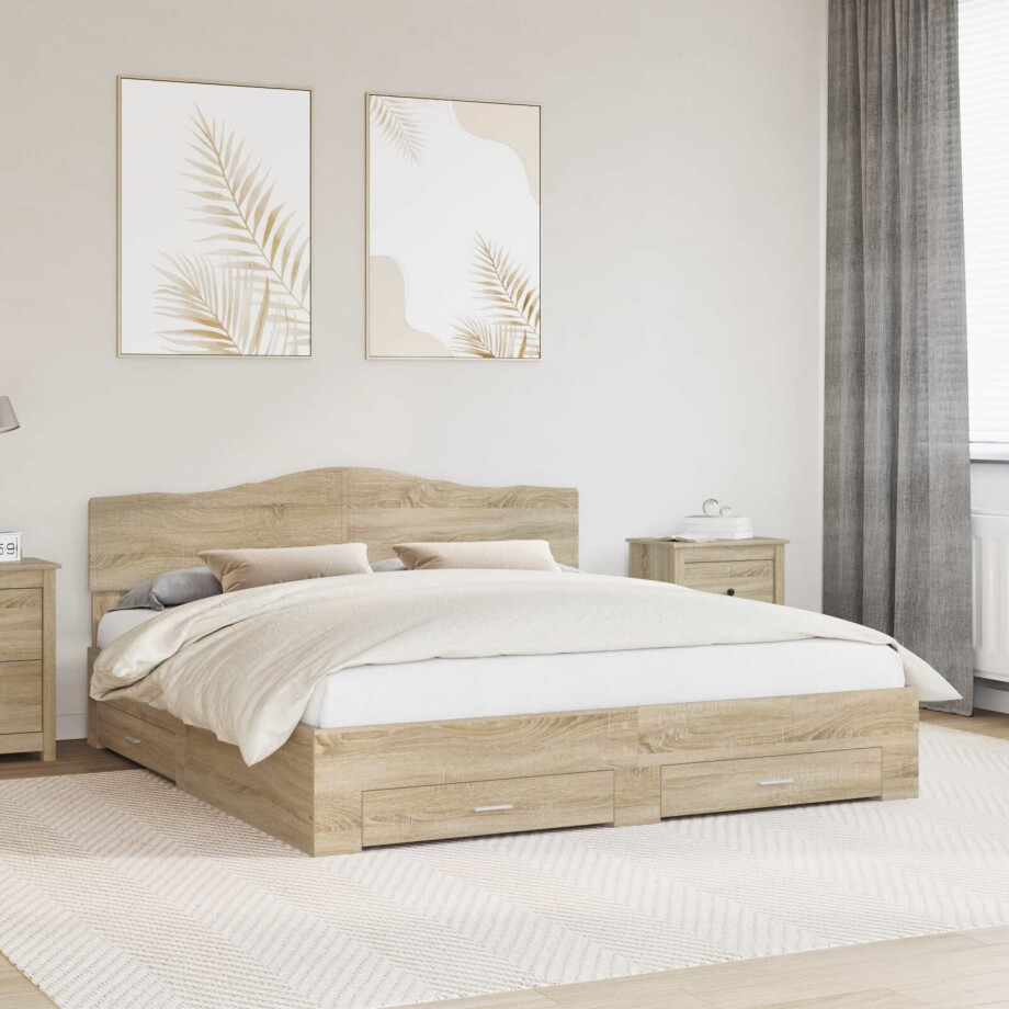 vidaXL Bedframe met hoofdeinde Sonoma Eiken 200 x 200 cm Bewerkt hout afbeelding 1
