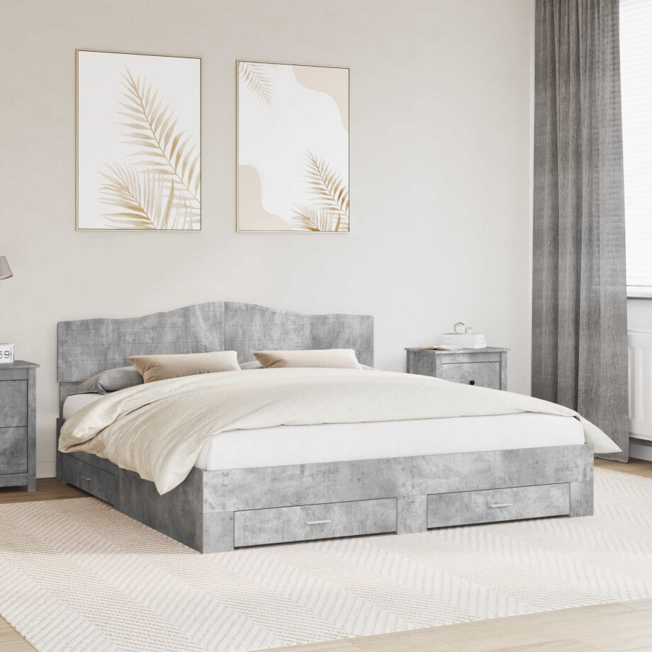 vidaXL Bedframe met hoofdeinde Beton Grijs 200 x 200 cm Bewerkt hout afbeelding 1