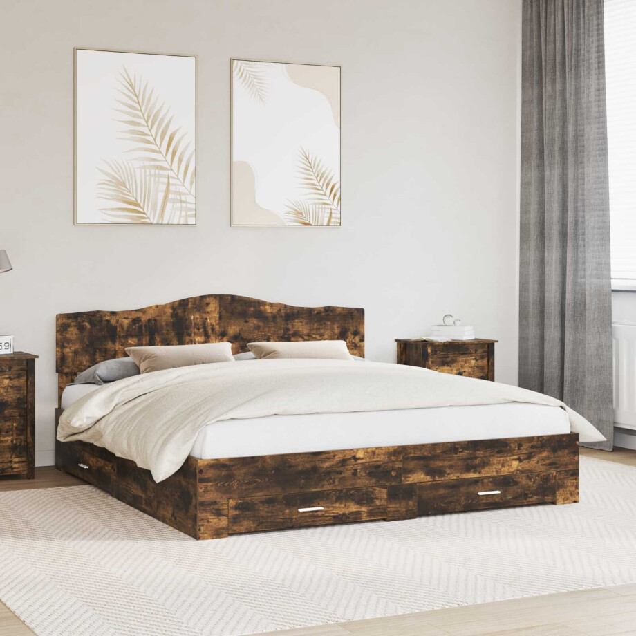 vidaXL Bedframe met hoofdeinde Gerookt eiken 200 x 200 cm Bewerkt hout vidaXL Bedframe met hoofdeinde Gerookt eiken 200 x 200 cm Bewerkt hout afbeelding 1