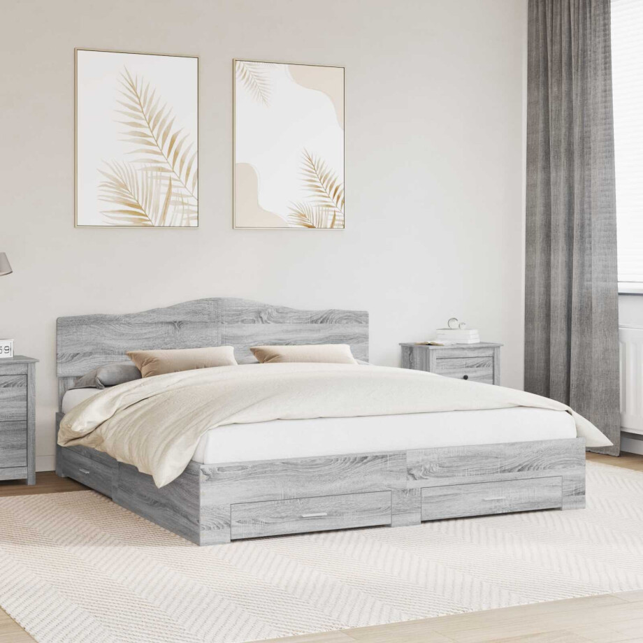 vidaXL Bedframe met hoofdeinde Grijs Sonoma 200 x 200 cm Bewerkt hout afbeelding 1