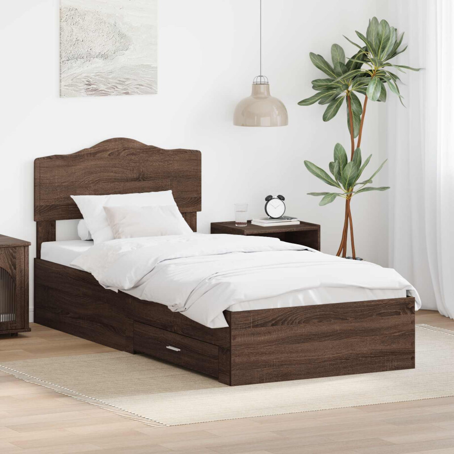vidaXL Bedframe met hoofdeinde Bruin Eiken 100 x 200 cm Bewerkt hout afbeelding 1