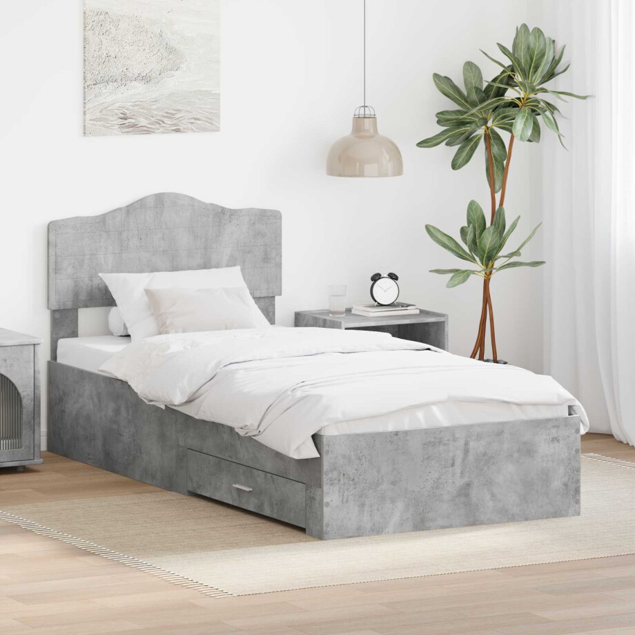 vidaXL Bedframe met hoofdeinde Beton Grijs 90 x 190 cm Bewerkt hout afbeelding 1