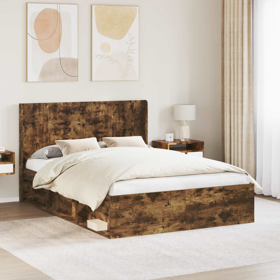 vidaXL Bedframe met opbergruimte en hoofdbord Gerookt eiken vidaXL Bedframe met opbergruimte en hoofdbord Gerookt eiken afbeelding 1