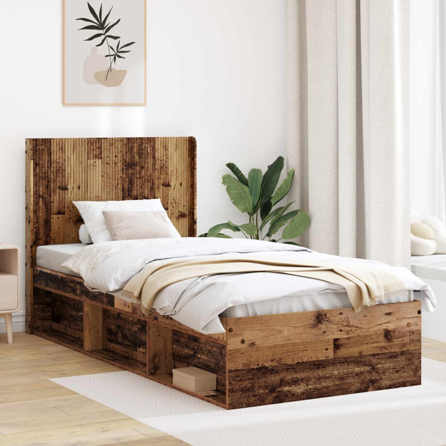 vidaXL Bedframe met opbergruimte en hoofdbord Oud hout 90 x 190 cm afbeelding 1