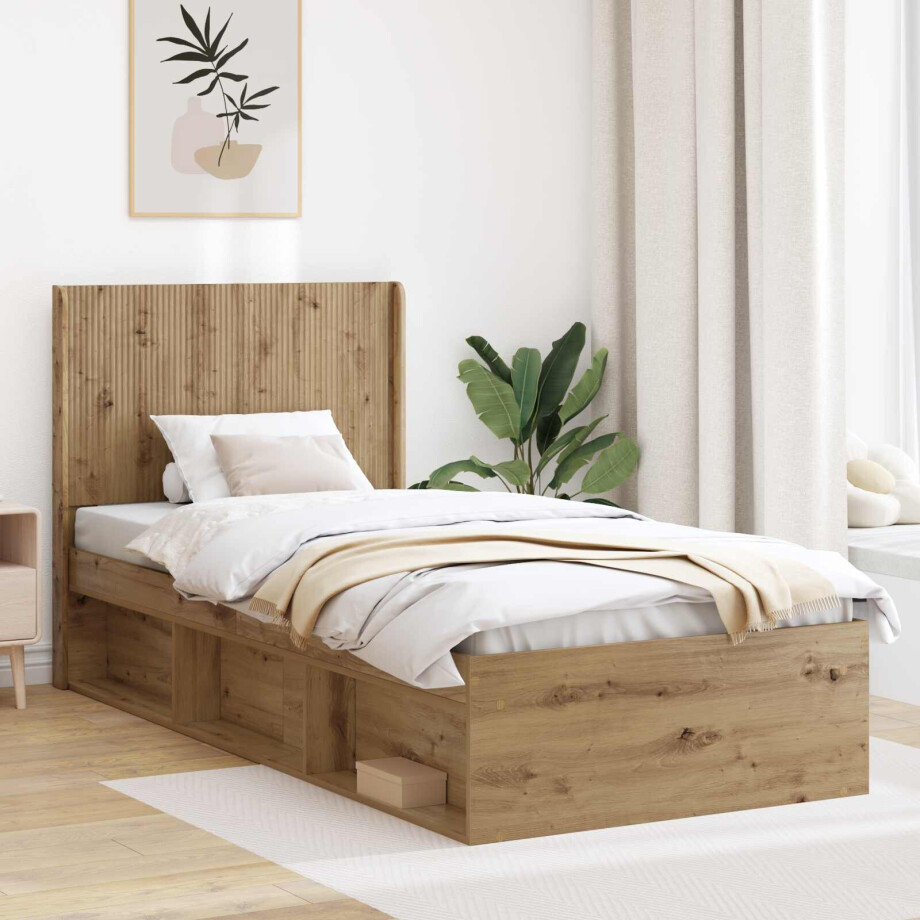 vidaXL Bedframe met opbergruimte en hoofdbord Artisanaal eiken afbeelding 1