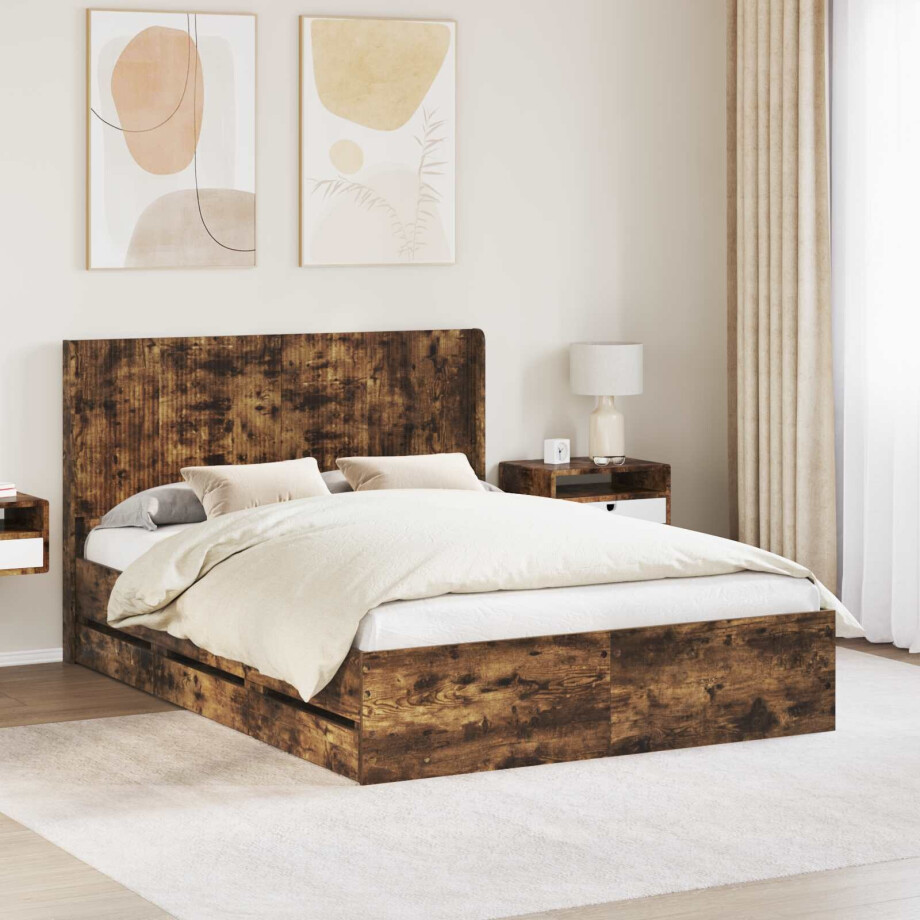 vidaXL Bedframe met opbergruimte en hoofdbord met lade Gerookt eiken vidaXL Bedframe met opbergruimte en hoofdbord met lade Gerookt eiken afbeelding 1