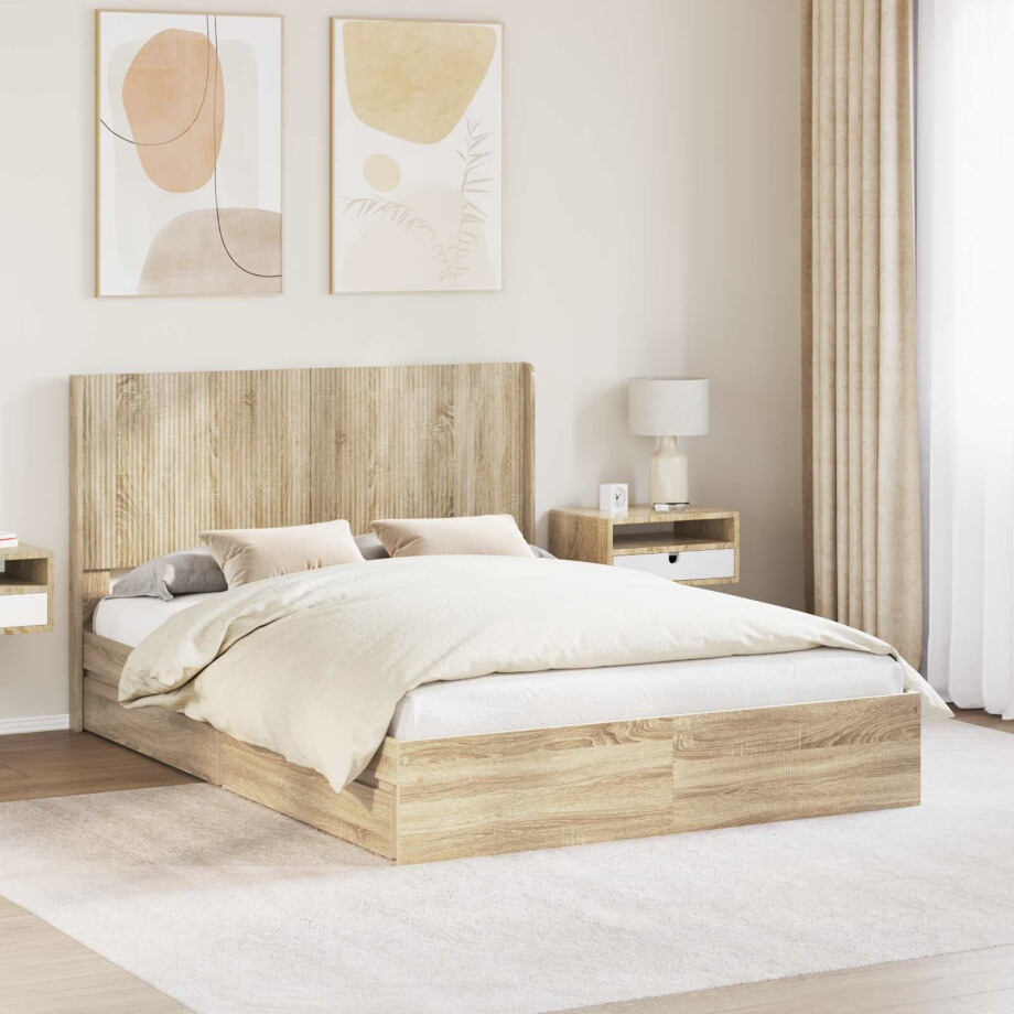 vidaXL Bedframe met opbergruimte en hoofdbord Sonoma Eiken vidaXL Bedframe met opbergruimte en hoofdbord Sonoma Eiken afbeelding 1