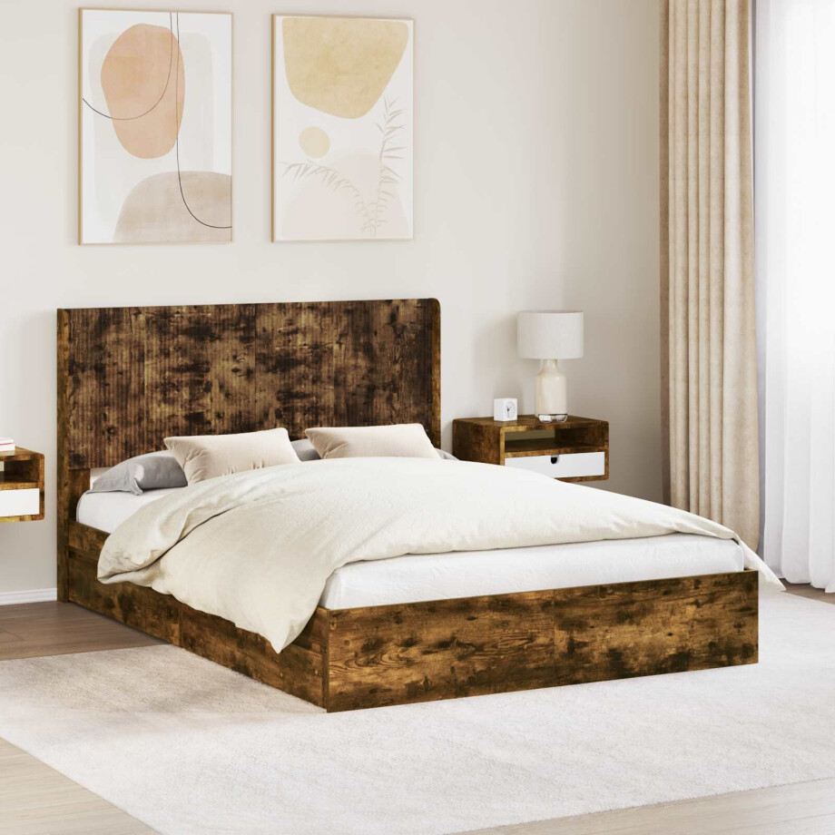 vidaXL Bedframe met opbergruimte en hoofdbord Gerookt eiken vidaXL Bedframe met opbergruimte en hoofdbord Gerookt eiken afbeelding 1