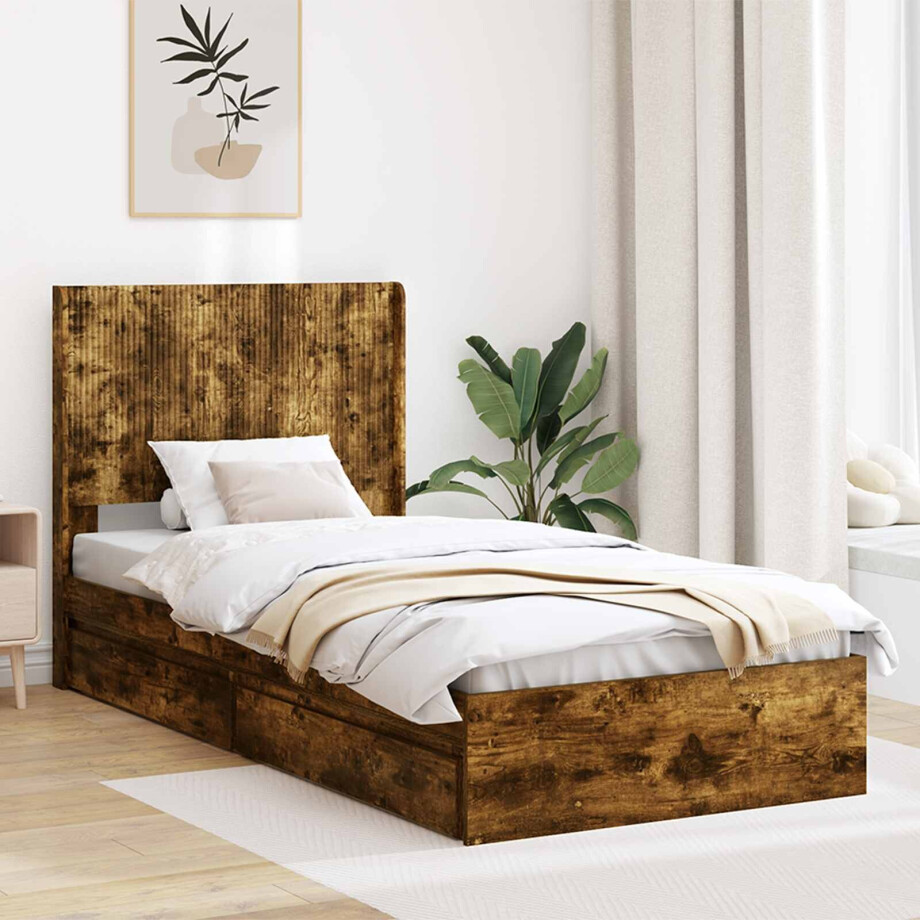 vidaXL Bedframe met opbergruimte en hoofdbord Gerookt eiken vidaXL Bedframe met opbergruimte en hoofdbord Gerookt eiken afbeelding 1
