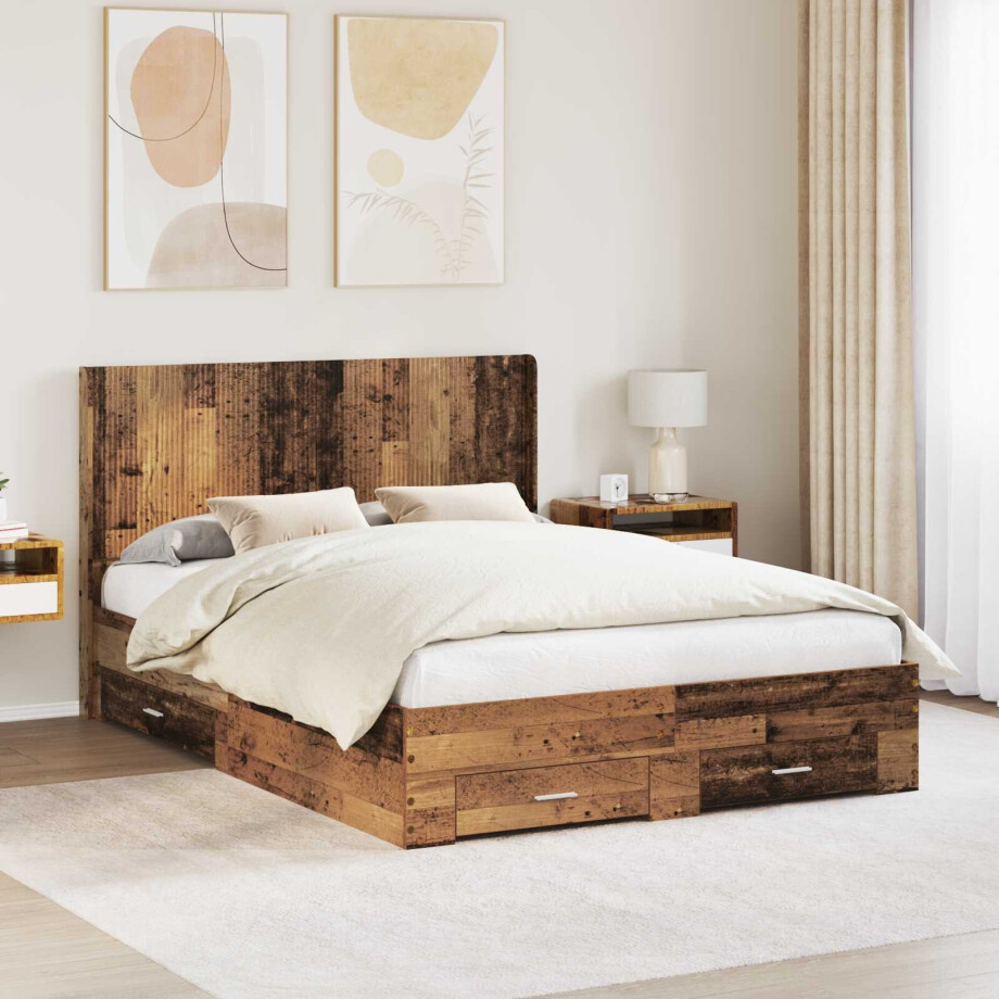 vidaXL Bedframe met opbergruimte en hoofdbord Oud hout Bewerkt hout vidaXL Bedframe met opbergruimte en hoofdbord Oud hout Bewerkt hout afbeelding 1