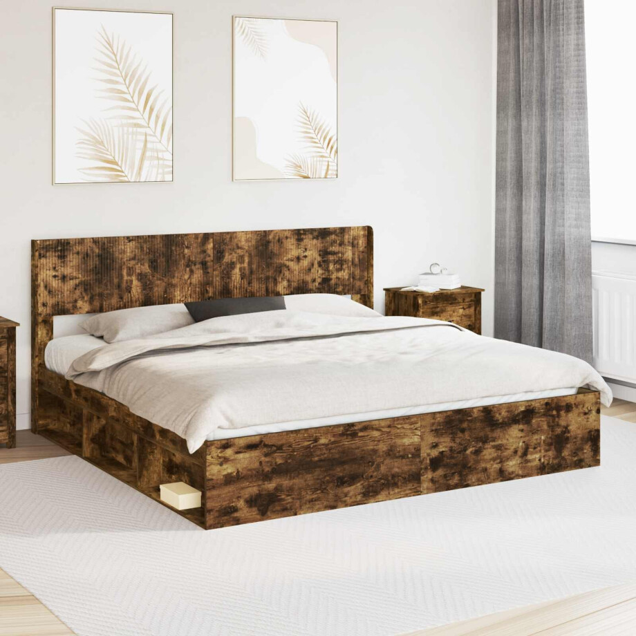 vidaXL Bedframe met opbergruimte en hoofdbord Gerookt eiken afbeelding 1