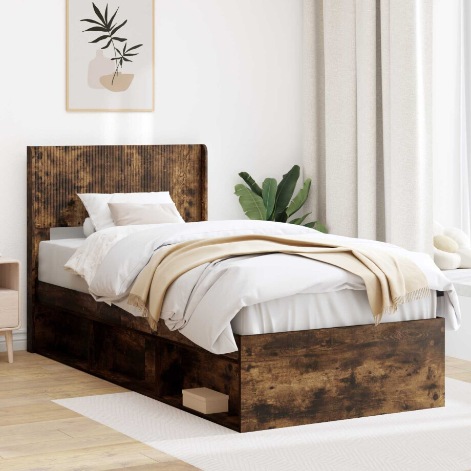 vidaXL Bedframe met opbergruimte en hoofdbord Gerookt eiken afbeelding 1