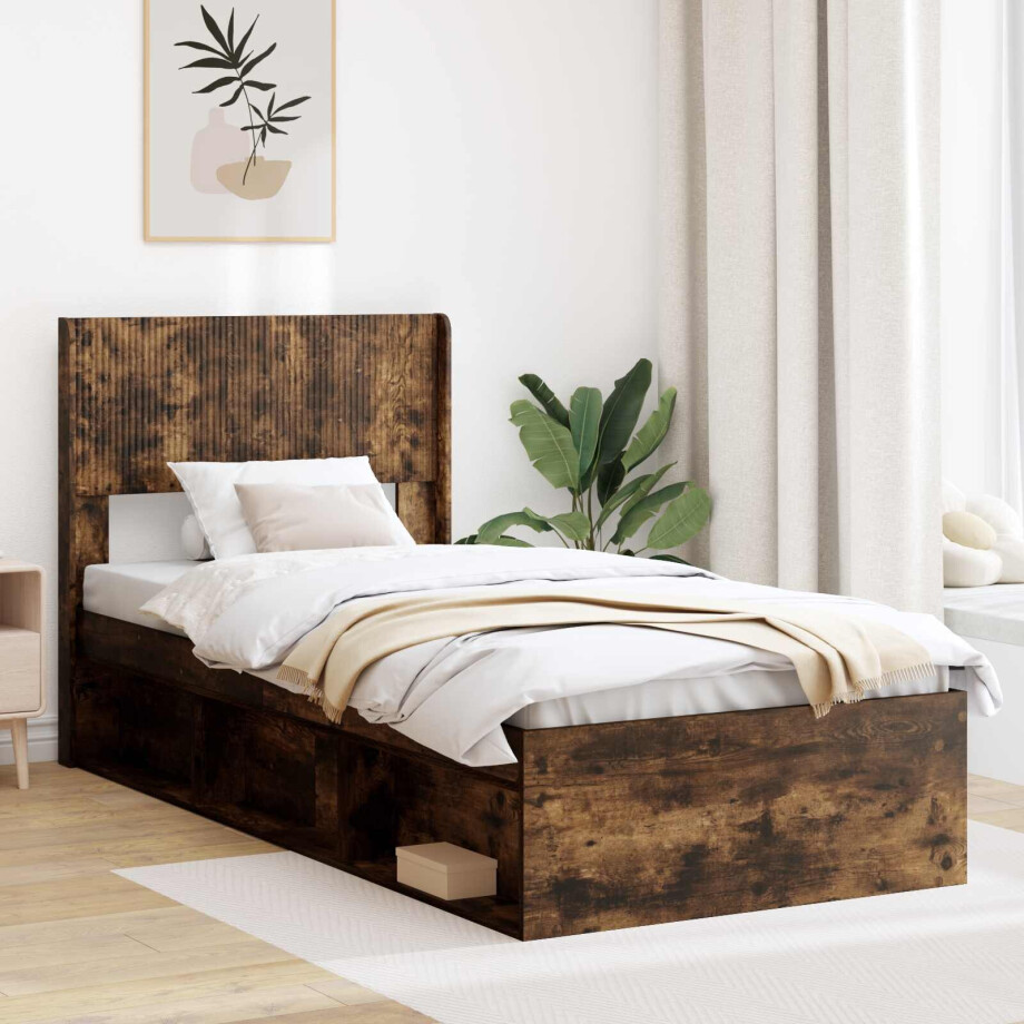 vidaXL Bedframe met opbergruimte en hoofdbord Gerookt eiken vidaXL Bedframe met opbergruimte en hoofdbord Gerookt eiken afbeelding 1