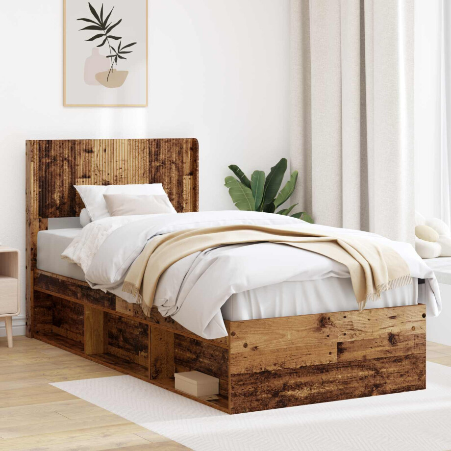 vidaXL Bedframe met opbergruimte en hoofdbord Oud hout 90 x 190 cm afbeelding 1