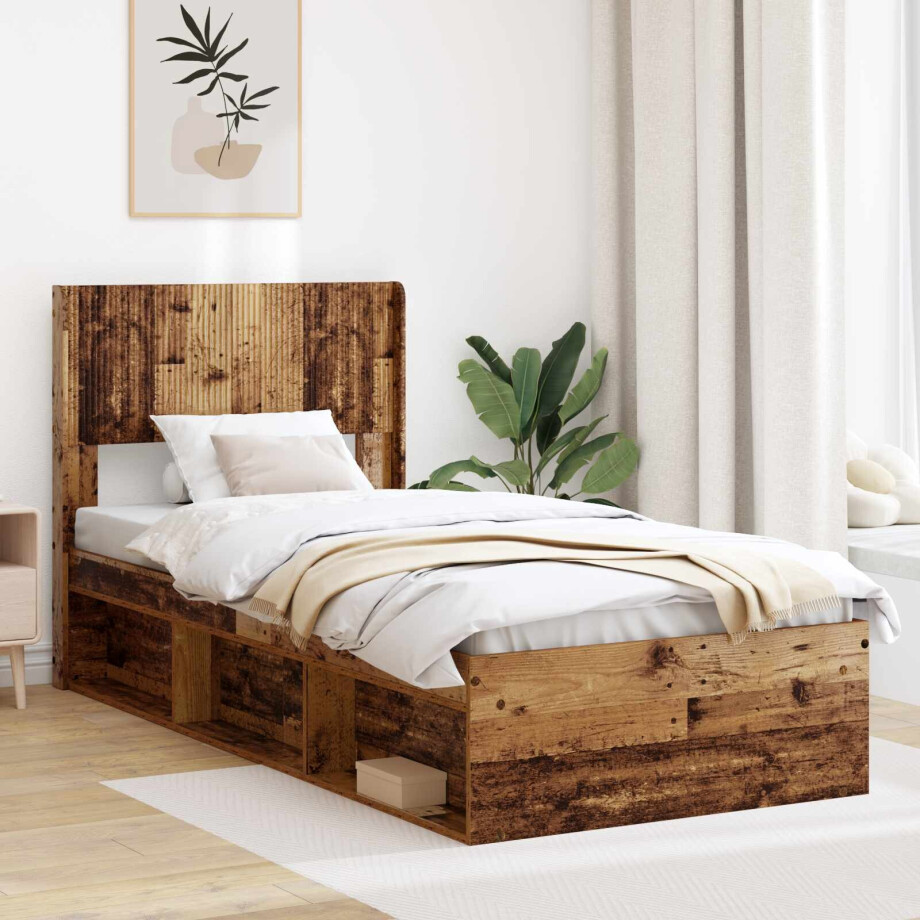 vidaXL Bedframe met opbergruimte en hoofdbord Oud hout 75 x 190 cm afbeelding 1