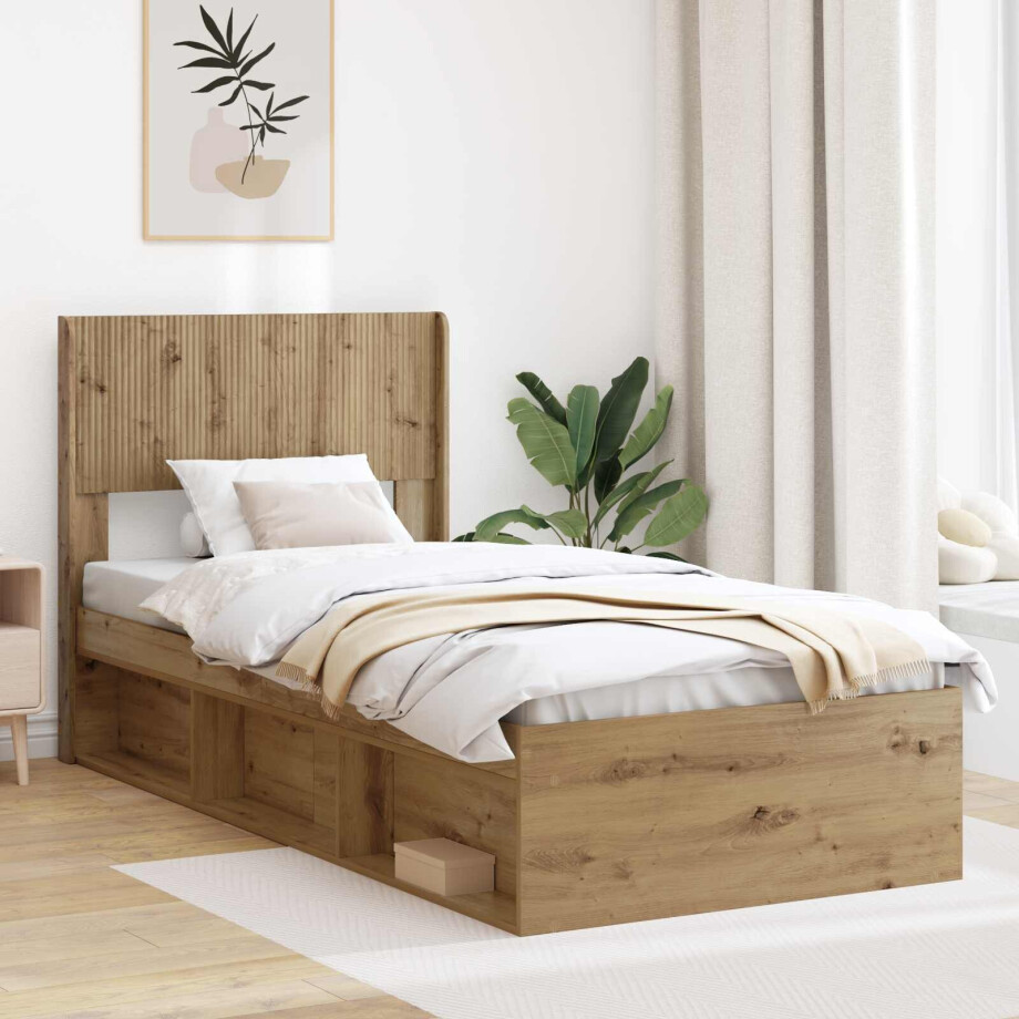 vidaXL Bedframe met opbergruimte en hoofdbord Artisanaal eiken afbeelding 1