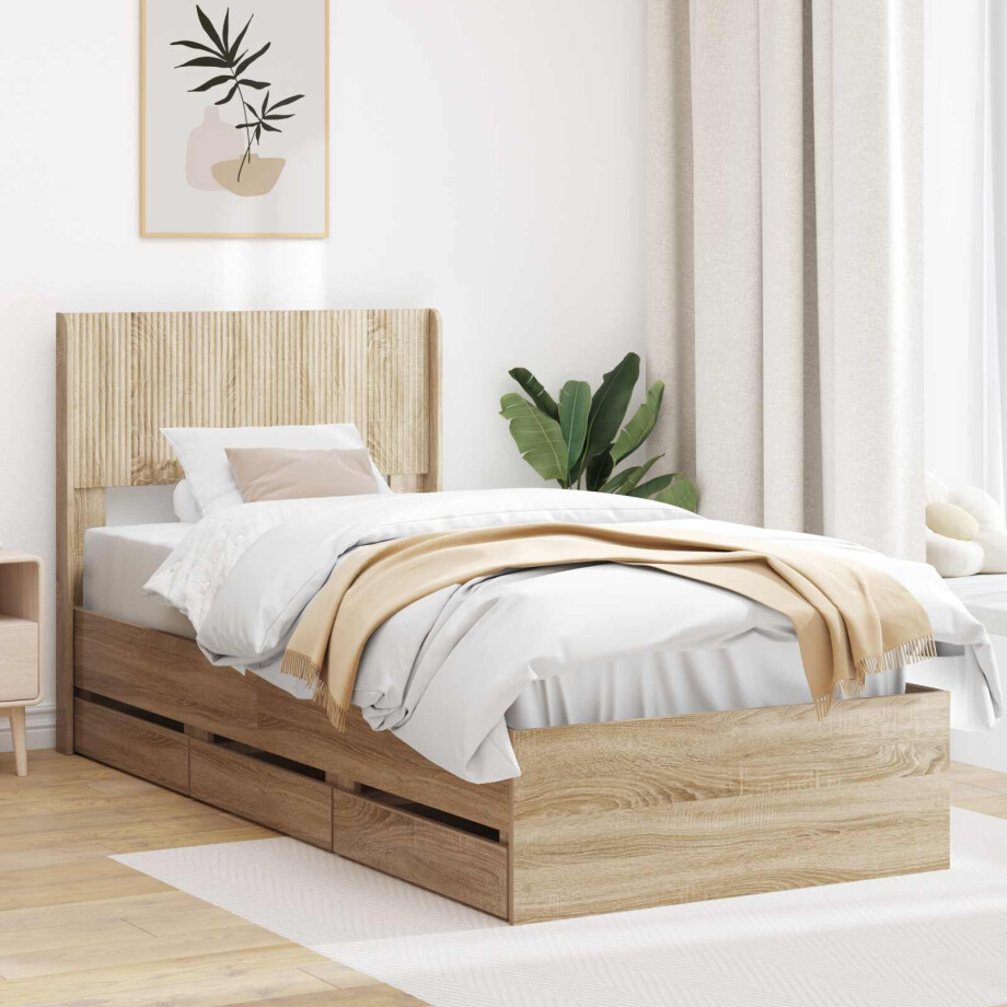 vidaXL Bedframe met opbergruimte en hoofdbord met lade Sonoma Eiken vidaXL Bedframe met opbergruimte en hoofdbord met lade Sonoma Eiken afbeelding 1